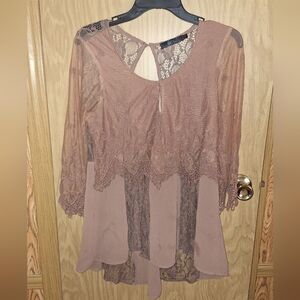 BKE Lace Overlay Long Sleeve Blouse - Mauve